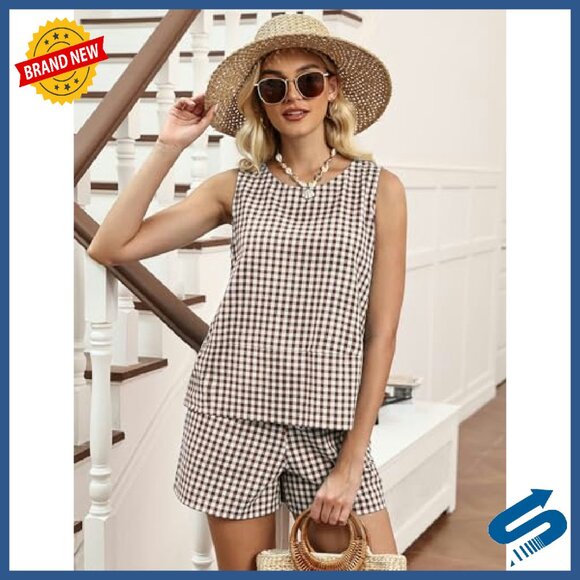 Women's 2-Piece Cotton Shorts Set with Pockets, Sleeveless Tank Top - Picture 3 of 8